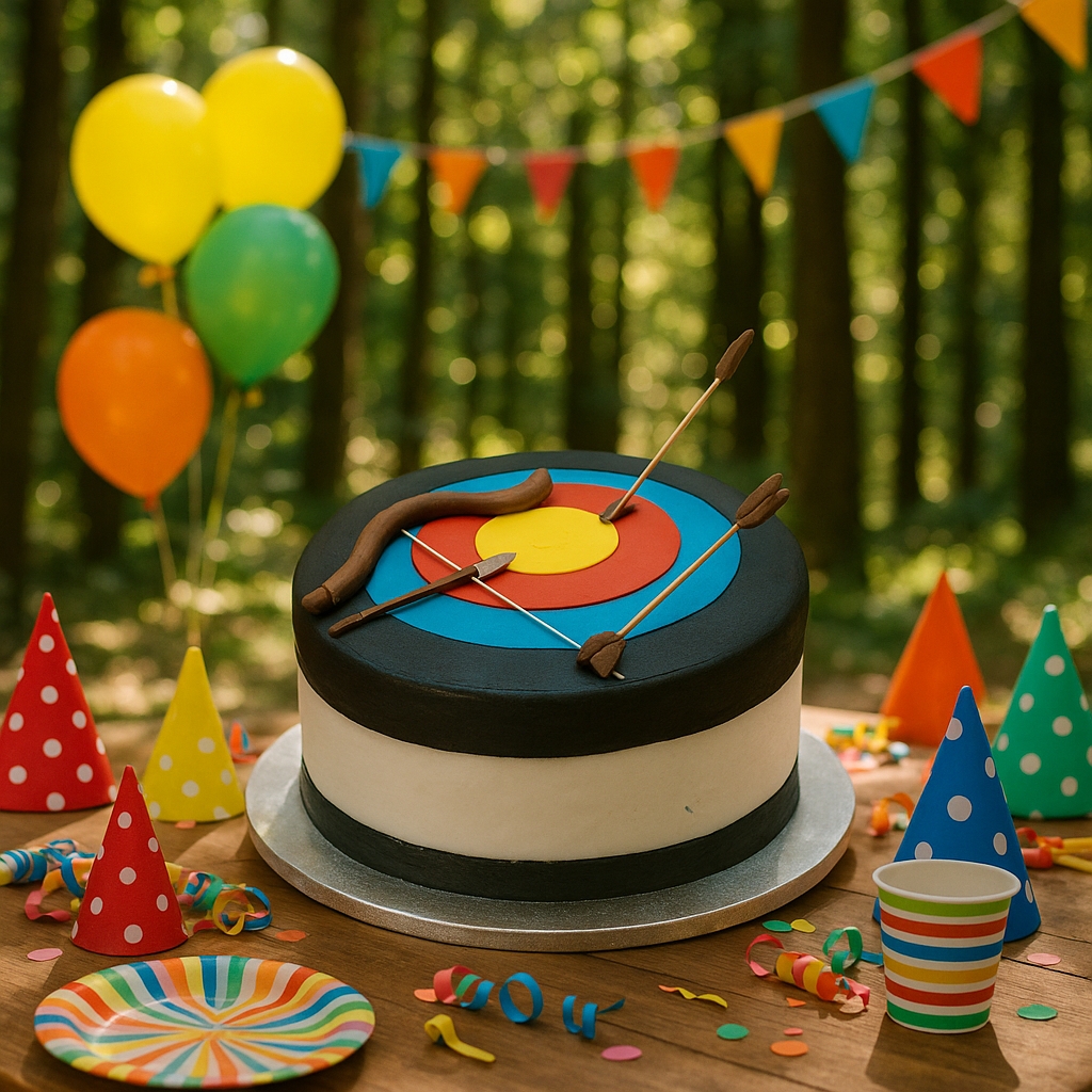 A round cake designed to look like an archery target, featuring bright concentric circles in yellow, red, blue, and black on top. Fondant arrows are placed at the center of the target, accompanied by a handcrafted fondant bow on the side. The cake has a smooth white fondant base with a black trim around the bottom edge, creating a clean and striking look. This themed cake is perfect for archery enthusiasts and special occasions, with customizable messages and flavors.