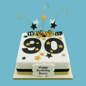 A square celebration cake with a deep black base and shimmering gold accents. Large glossy black and gold numbers sit on top, highlighting a milestone or age. Metallic gold swirls and star-shaped decorations add sparkle and elegance across the cake’s surface. A white personalized message plaque is placed at the front, allowing for a custom note or name. The cake’s modern square shape and contrasting colors create a stylish and memorable centerpiece suitable for birthdays, anniversaries, or special events.