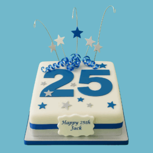 A square celebration cake featuring vibrant azure blue and shimmering silver colors. The cake has bold large numbers on top, perfect for marking milestones like birthdays or anniversaries. Delicate metallic silver swirls decorate each edge, complemented by small star accents for a festive touch. A personalized white plaque with a custom message is placed on the front. The cake’s rich blue contrasts sharply against a crisp white background, creating an elegant yet lively centerpiece suitable for both formal and casual events.