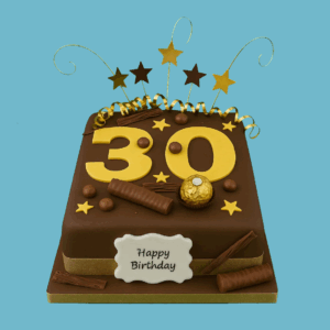 A square cake fully coated in rich, glossy chocolate with shimmering gold accents artistically placed around it. The top is decorated with an assortment of chocolate treats, including glossy shards and small chocolate balls, along with playful metallic gold swirls circling the cake. A personalized message plaque sits on top, surrounded by star-shaped decorations. The overall design is elegant and festive, combining deep chocolate tones with regal gold highlights, making it a striking centerpiece suitable for milestone birthdays, anniversaries, or special celebrations.